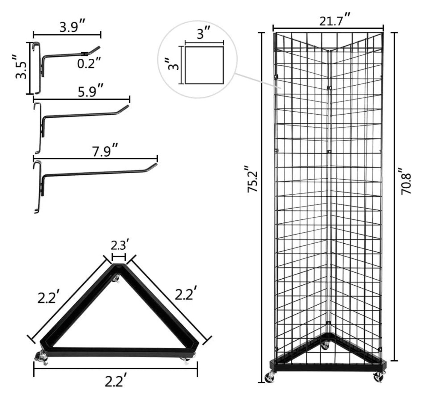 Catchflo Merchandising Grid Panel 3-Sided Tower (Includes 18 Hooks)